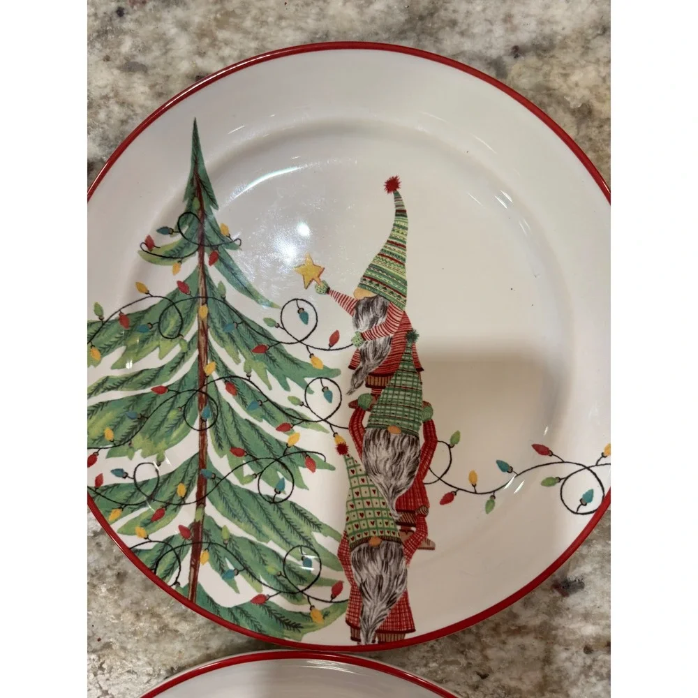 Pottery Barn Forest Gnome Salad Plates Set of 4 Christmas Holiday Stoneware 9in